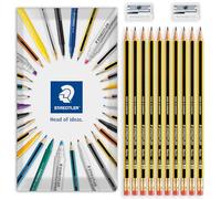 STAEDTLER 122 Noris Graphite Pencil with Eraser Tip | Grade HB | Pack of 10 Pencils + 2 Single Hole Metal Sharpeners | In Envelope Gift Packaging