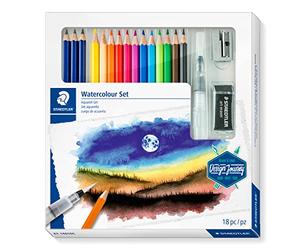 STAEDTLER 146 10C Watercolour Set - 18 Pieces with Water Brush | Water-soluble colouring pencils with water brush, eraser & sharpener - blendable art kit for all levels - Art.-Nr. 61 14610C