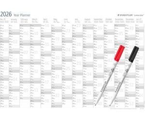 STAEDTLER 2026 Dry-Wipe Wall Calendar - Size A1 840 x 600mm - Full Year View for Office & Home - Includes 2 Whiteboard Pens and Pen Holders, 641 YPAMZW
