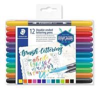 Staedtler 3004 TB12 Double Fibre-Tip Pens, Hand Lettering (Fine Tip and Brush Tip), Clear Folding Case With 12 Bright Colours