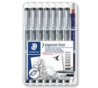STAEDTLER 308 SB6P1 Pigment Liner Fineliner Pens and Free Mechanical Pencil - Black, Assorted Line Widths (Set of 7 + 1 Free)