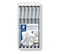 STAEDTLER 308 SB6P1 Pigment Liner Fineliner Pens with Assorted Line Width - Black (Set of 5 + 1 Free)