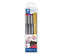 STAEDTLER 308 SWP3P Pigment Liner Fineliner Pens and Free Metallic Marker - Assorted Colours Pack of 4