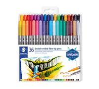 STAEDTLER 3200 TB36 Design Journey Double-Ended Fibre-Tip Pens with Thin & Wide Nibs - Assorted Colours (Pack of 36)