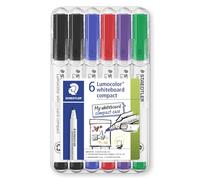 STAEDTLER 341 Compact Lumocolor Whiteboard Marker Pen - 1-2mm Bullet Tip - Dry Erase Markers - Wallet Pack of 6 Pens (Multicolour)