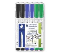 STAEDTLER 341 Compact Lumocolor Whiteboard Marker Pen - 1-2mm Bullet Tip - Dry Erase Markers - Wallet Pack of 6 Pens (Black, Blue, Green)