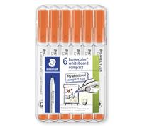 STAEDTLER 341 Compact Lumocolor Whiteboard Marker Pen - 1-2mm Bullet Tip - Dry Erase Markers - Wallet Pack of 6 Pens (Orange)