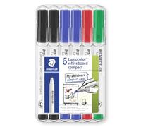 STAEDTLER 341 Compact Lumocolor Whiteboard Marker Pen - 1-2mm Bullet Tip - Dry Erase Markers - Wallet Pack of 6 Pens (Black, Blue, Red, Green)
