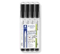 STAEDTLER 341 Compact Lumocolor Whiteboard Marker Pen - 1-2mm Bullet Tip - Dry Erase Markers - Wallet Pack of 4 Pens (Black)