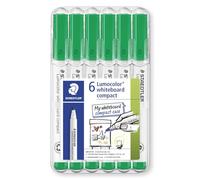 STAEDTLER 341 Compact Lumocolor Whiteboard Marker Pen - 1-2mm Bullet Tip - Dry Erase Markers - Wallet Pack of 6 Pens (Green)