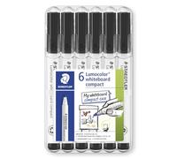 STAEDTLER 341 Compact Lumocolor Whiteboard Marker Pen - 1-2mm Bullet Tip - Dry Erase Markers - Wallet Pack of 6 Pens (Black)