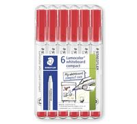 STAEDTLER 341 Compact Lumocolor Whiteboard Marker Pen - 1-2mm Bullet Tip - Dry Erase Markers - Wallet Pack of 6 Pens (Red)