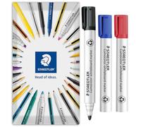 STAEDTLER 351 Lumocolor Whiteboard Marker Bullet Tip Pen | 2.0mm Line Width | Dry Wipe Markers for Whiteboards | Fast Drying, Low Odour, Refillable Pens | Pack of 3 Pens (Black, Blue, Red)