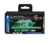 STAEDTLER 371 C6-3 Pigment Arts Brush Pen - Assorted Green & Turquoise Colours (Pack of 6)