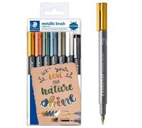 STAEDTLER 8321 TB7 Design Journey Metallic Brush Pen, 1-6mm Line Width - Assorted Colours + Pigment Liner (Wallet Of 7)