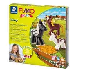STAEDTLER 8034 08 LZ FIMO Kids Form&Play Playtime & Modelling Polymer Clay Set - "Pony" (Pack of 4 Blocks, Stickers, Modelling Tools & Background Scene)