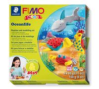 STAEDTLER 8034 14 LZ FIMO Kids Form&Play Playtime & Modelling Polymer Clay Set - "Oceanlife" (Pack of 4 Blocks, Stickers, Modelling Tools & Background Scene)