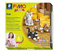 STAEDTLER 8034 16 LZ FIMO Kids Form&Play Playtime & Modelling Polymer Clay Set - "Cats" (Pack of 4 Blocks, Stickers, Modelling Tools & Background Scene)
