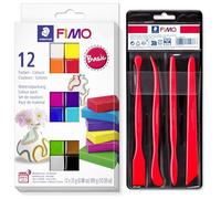 STAEDTLER Basic Colours Set Fimo Soft Oven Hardening Modelling Clay 12 Half Blocks of 25 g and 4 Different Modelling Tools