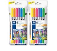 STAEDTLER Colouring Pens - Double-Ended, 0.5-3.0mm Line Width - 6 Assorted Neon Colours - Pack of 24, 3200 C6F