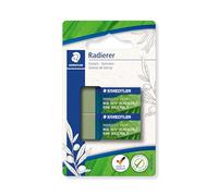 STAEDTLER Eraser, Eraser Made from up to 56% Natural and Renewable Content, Phthalate and Latex Free, Sliding Cuff, Size 43 x 19 x 13 mm, 2 Olive Green erasers on Blister Card, 526 83BK2