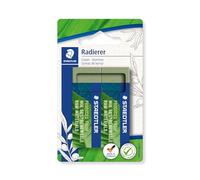 STAEDTLER Eraser, Eraser Made from up to 56% Natural and Renewable Content, Phthalate and Latex Free, Sliding Cuff, Size 65 x 23 x 13 mm, 2 Olive Green erasers on Blister Card, 526 80BK2
