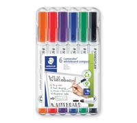 STAEDTLER Lumocolor 341 Whiteboard Compact - 6 Colours, 1.0-2.0 mm | Dry-wipe ink, compact barrel - residue-free on glass & porcelain, DRY SAFE technology - Art.-Nr. 341 WP6