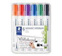 STAEDTLER Lumocolor 351 B Whiteboard Markers - 6 Colours, Chisel 2-5 mm | Erasable, residue-free on glass & porcelain, chisel tip - DRY SAFE cap-off technology - Art.-Nr. 351 B WP6