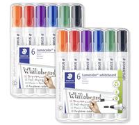 STAEDTLER Lumocolor Marker Pen Bullet Tip - Black, Green, Blue, Violet, Red, Orange Ink Colours - Pack of 12 Pens (351 WP6 Whiteboard Marker)