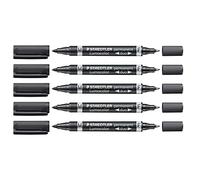 STAEDTLER Lumocolor permanent duo permanent marker, marker with fine and medium round tip, smudge-proof and waterproof, quick-drying, refillable, long service life, 5 black markers, 348-9X