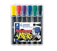 Staedtler Lumocolor permanent markers, chisel tip, line width 2 or 5 mm, non-fading, quick-drying, low odour, long service life, 4 permanent markers in a stand-up box, 350 WP6-1
