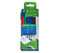 STAEDTLER Lumocolor Universal Pen Non-Permanent Water Soluble Refillable 0.6mm Line Width Recycled Plastic Long Life 6 Assorted Colours 316 C6-1