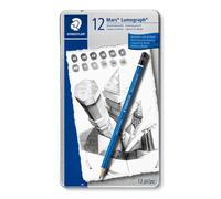 STAEDTLER Mars Lumograph Art Drawing Pencils, 12 Pack Graphite Pencils in Metal Case, Break-Resistant Bonded Lead, 100 G12,Silver/Blue