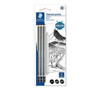 Staedtler Mars Lumograph Journey Design Charcoal 100C SBK4 - Blister Pack of 3 Assorted Graphite Pencils and 1 Blending Stump, black