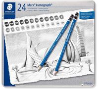 STAEDTLER 100 G24 Mars Lumograph Graphite Pencils for Drawing & Sketching - Assorted Degrees, 12B-10H (Tin of 24), Blue