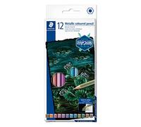 Staedtler Metallic Colouring Pencils Design Journey for Metallic Shimmer Effects, Glitter and Highlights on Dark Paper, Soft Lead with High Coverage, 12 Colouring Pencils in Cardboard Case, 146M C12