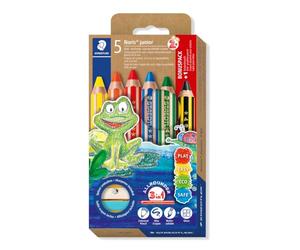STAEDTLER Noris Junior 3-in-1 Colouring, Wax and Watercolour Pencil, Extra Shatterproof, Ideal for Children, for Many Surfaces, Cardboard Case with 6 Duo Colouring Pens and Sharpener, 140 C6P1