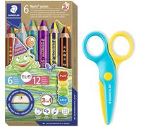 STAEDTLER Noris Junior Duo 1402 Children's Colouring Pencil, Wax and Watercolour Pencil, Two-Tone Lead, 6 Duo Pens and Safety Scissors