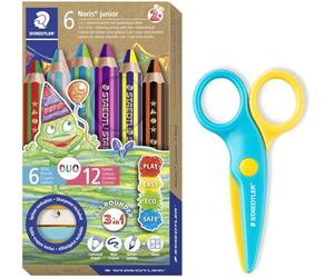 STAEDTLER Noris Junior Duo 1402 Children's Colouring Pencil, Wax and Watercolour Pencil, Two-Tone Lead, 6 Duo Pens and Safety Scissors