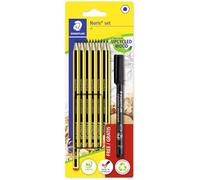 STAEDTLER Noris Set of 12 HB Pencils + Fine Lumocolor 318 Black Permanent Marker Pen - Hexagonal Pencils made from Upcycled Wood - 120 BK12P3