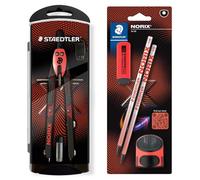STAEDTLER NORIX Set of Quick Adjustment Compasses, Blister Card with 2 HB Pencils, Eraser and Single Sharpener, Coral
