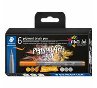 STAEDTLER 371 C6-4 Pigment Arts Brush Pen - Assorted Grey & Caramel Colours (Pack of 6)