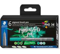 STAEDTLER 371 C6-3 Pigment Arts Brush Pen - Assorted Green & Turquoise Colours (Pack of 6)