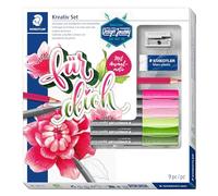 STAEDTLER Pigment Brush Pen 371 Lettering MeTime Set with 9 Pieces - Brush Pens for Calligraphy Set, Water-Based Ink, Fade-resistant, Felt Tip Pens with Brush Tip
