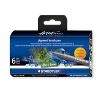 STAEDTLER Pigment Brush Pen 371 - Pack of 6, Assorted | Brush tip, Multi Ink ink - felt-tip pens for adults, cardboard case - Item No. 371 C6-8