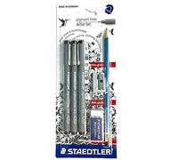 Staedtler : Pigment Liner : Blistercard Of 3 Black With Free Eraser, Sharpener & Pencil