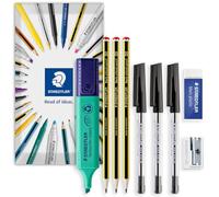 STAEDTLER Stationery Bundle Set in Envelope | 121 HB Graphite Pencils, 430M Black Ink Stick Ballpoint Pens, 526 Mars Eraser, 510 Single Hole Sharpener + Textsurfer Classic Highlighter (Turquoise)