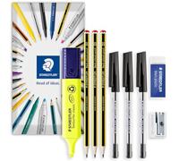 STAEDTLER Stationery Bundle Set in Envelope | 121 HB Graphite Pencils, 430M Black Ink Stick Ballpoint Pens, 526 Mars Eraser, 510 Single Hole Sharpener + Textsurfer Classic Highlighter (Yellow)