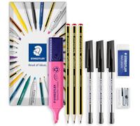 STAEDTLER Stationery Bundle Set in Envelope | 121 HB Graphite Pencils, 430M Black Ink Stick Ballpoint Pens, 526 Mars Eraser, 510 Single Hole Sharpener + Textsurfer Classic Highlighter (Pink)
