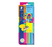 Staedtler Stationery Set in Colourful Happy Colours, 3 Noris Pencils, 1 Rasoplast Eraser, 1 Double Folding Sharpener for Writing and Painting, 61 SC3 HA